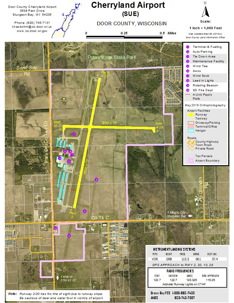 Overhead photograph of Door County Cheryland Airport property and runways